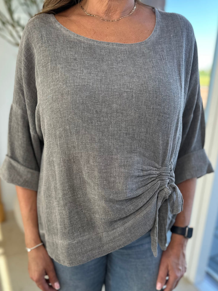 Charcoal Ruched Side Waffle Top