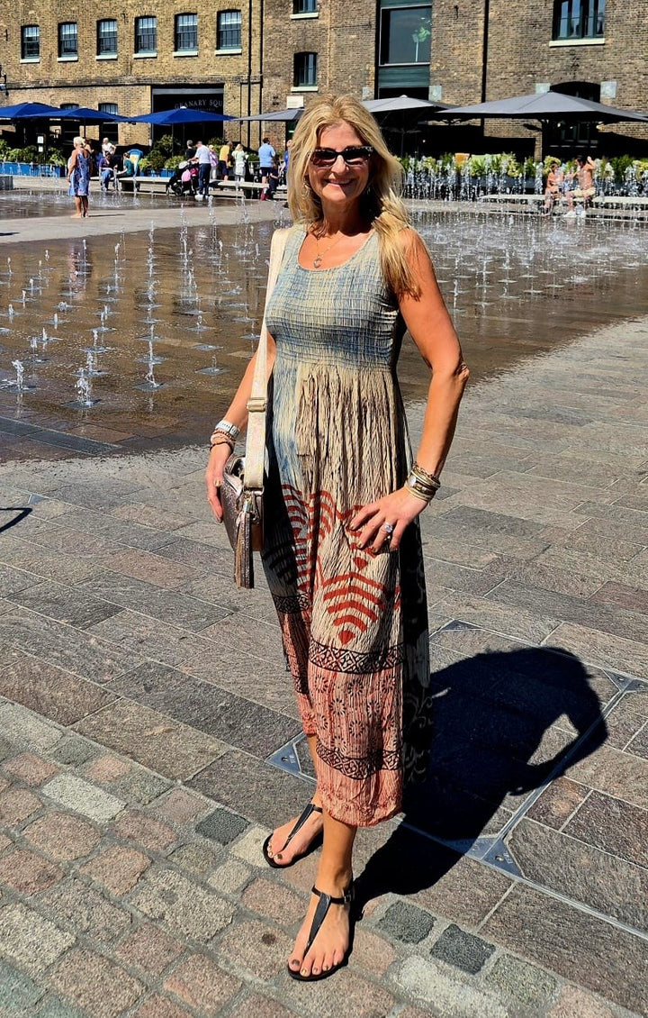 Taupe Boho Shirred Summer Dress