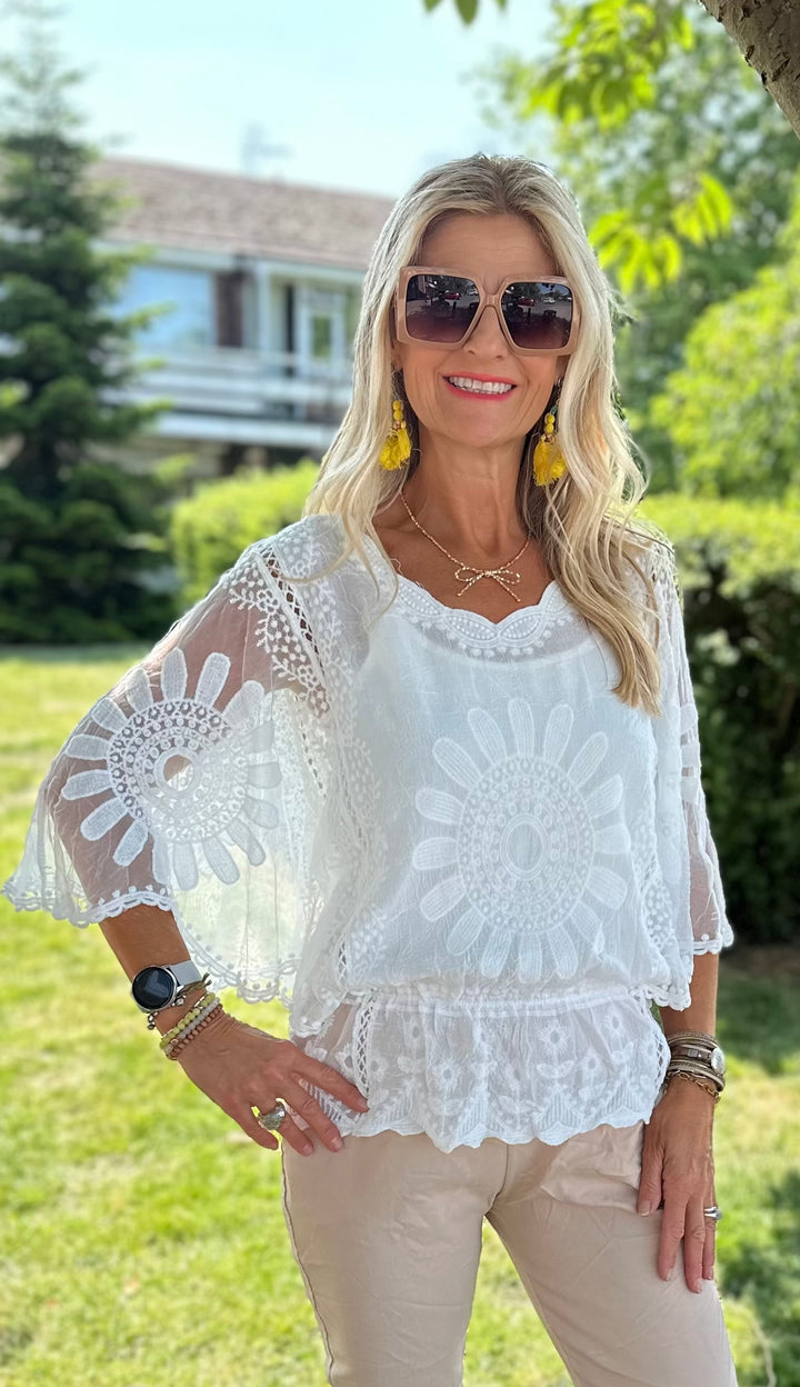 White Sunflower Lace Sleeve Top