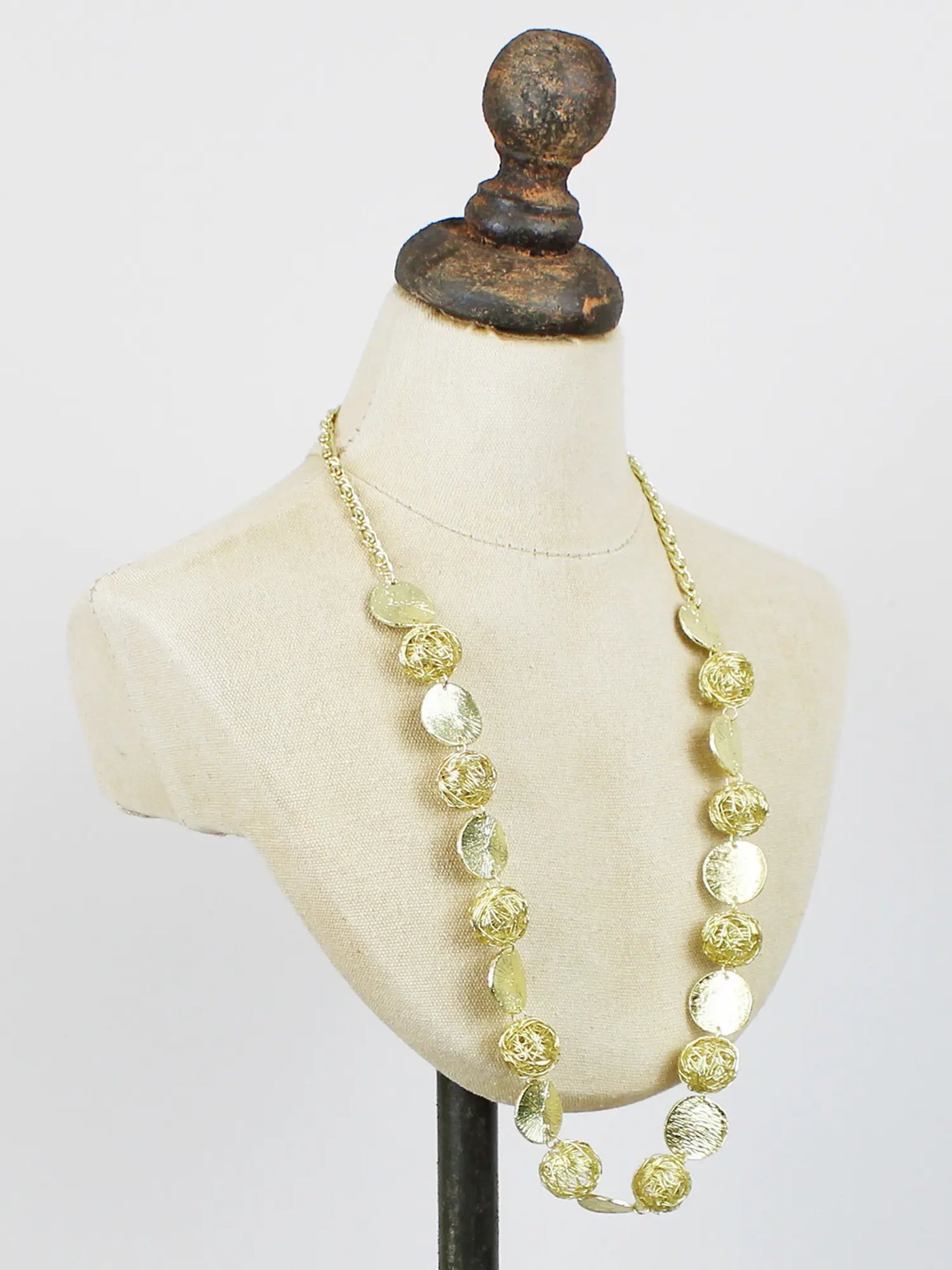 Gold Mesh Ball & Textured Disc Necklace