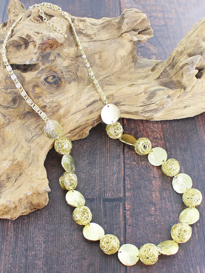 Gold Mesh Ball & Textured Disc Necklace