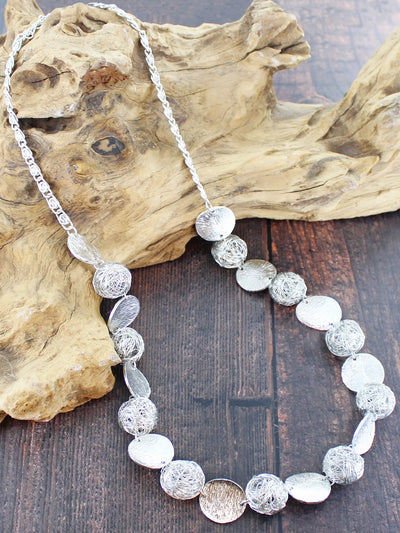 Silver Mesh Ball & Textured Disc Necklace