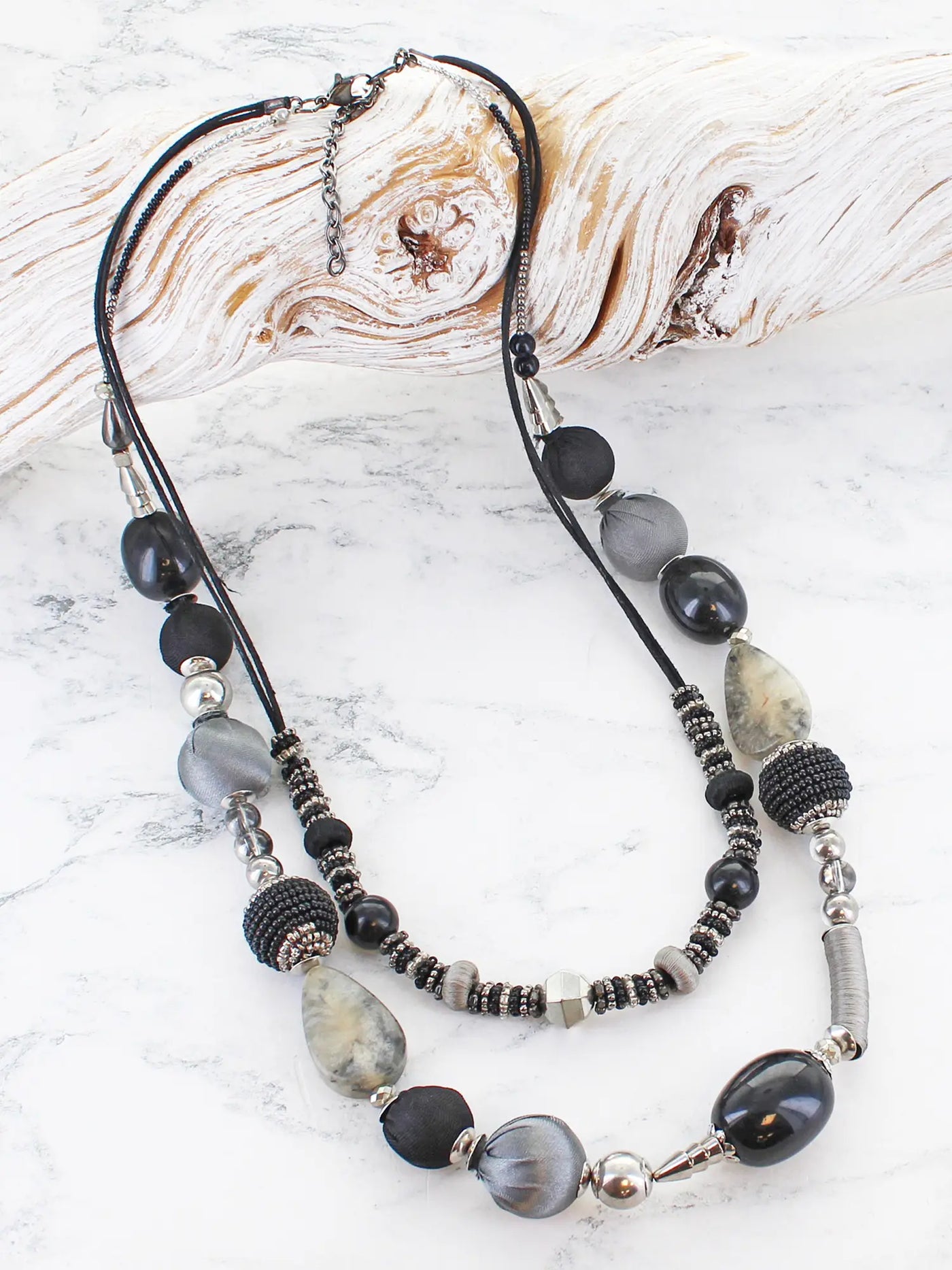 Black Double Strand Beaded Necklace