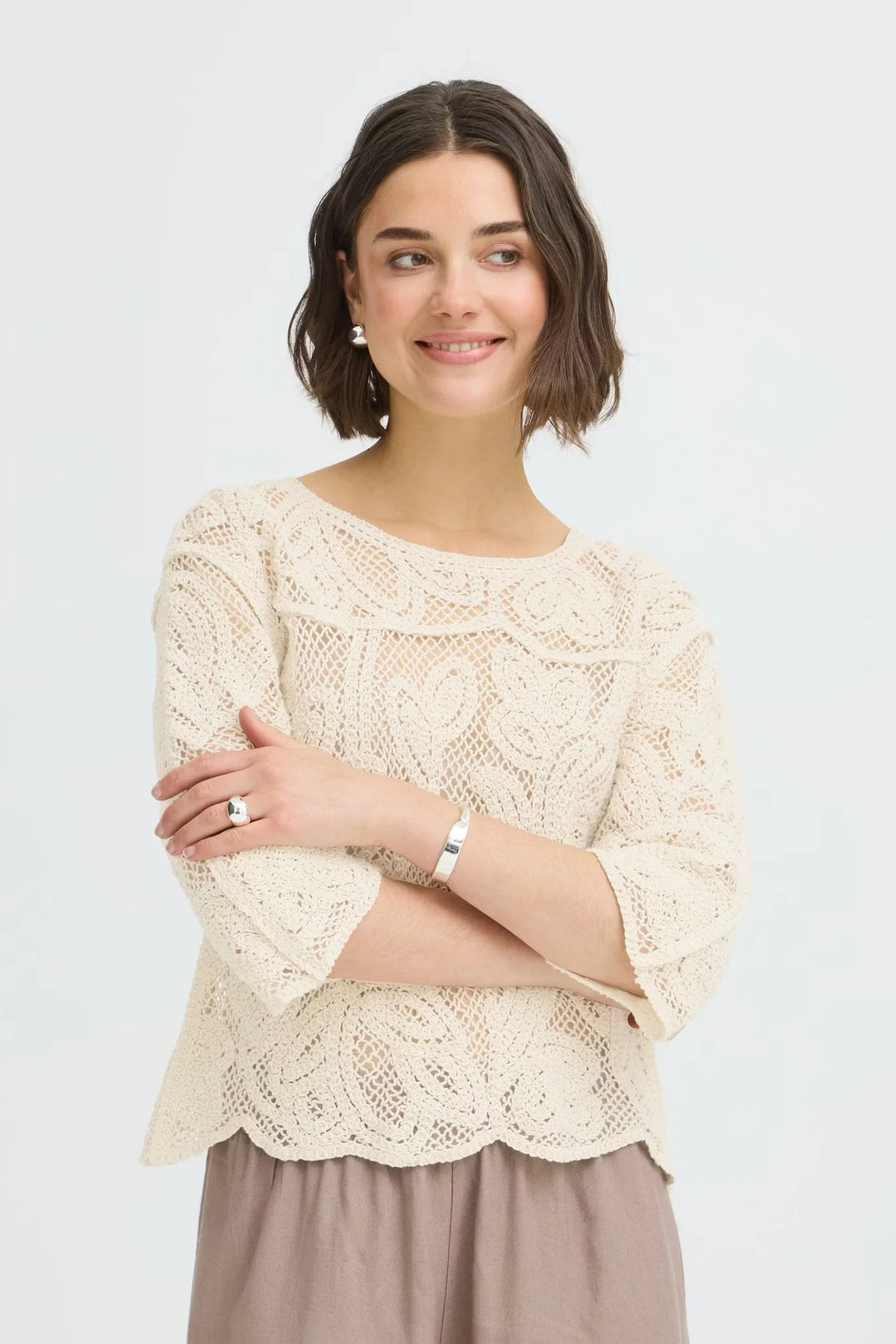 Fransa Oatmeal Crochet Top