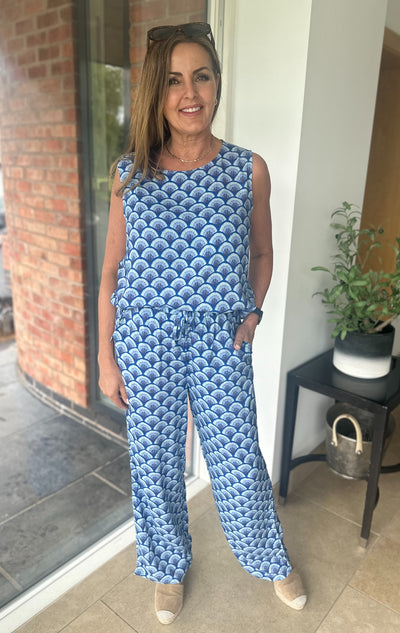 Blue Scallop Print Palazzo Trousers