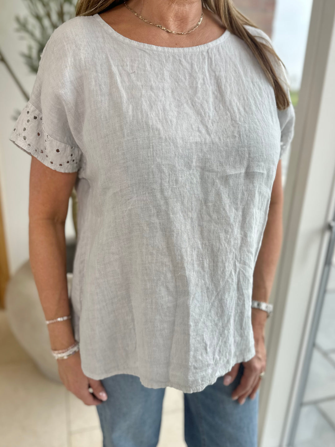 Pale Grey Linen Broderie T-Shirt