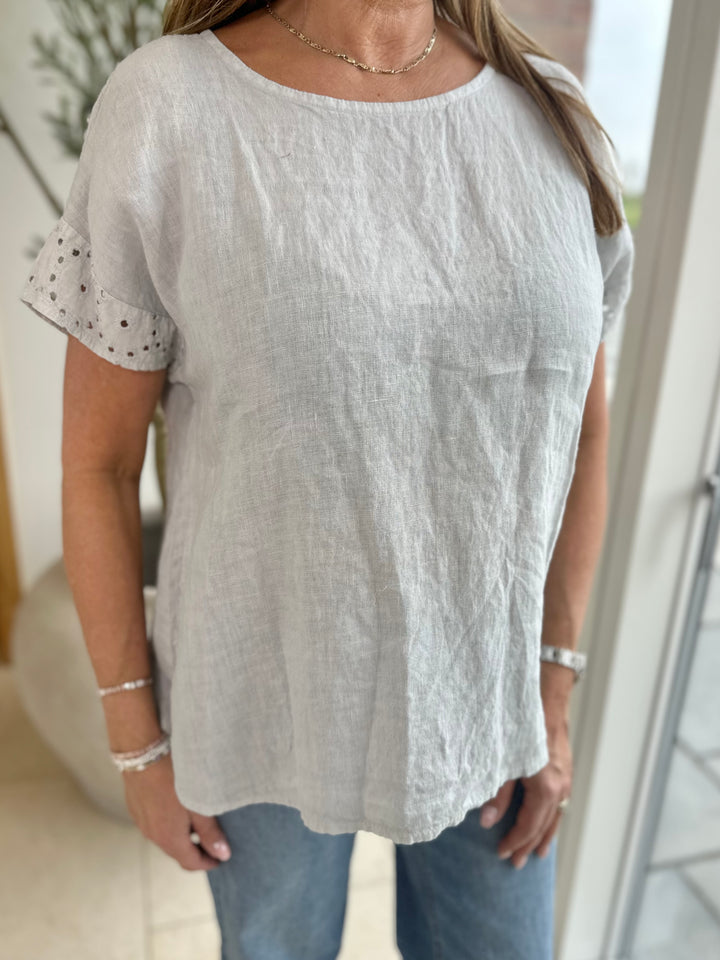 Pale Grey Linen Broderie T-Shirt