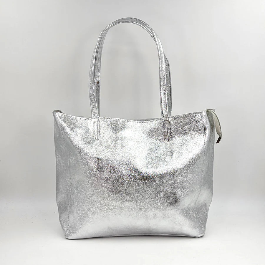 Silver Italian Leather Tote Bag