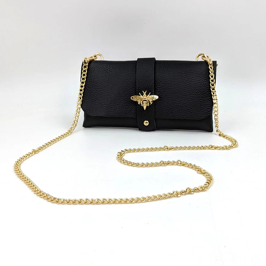 Black Leather Gold Bee Bag