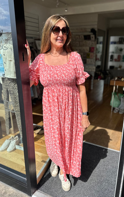 Coral Ditsy Floral Dress