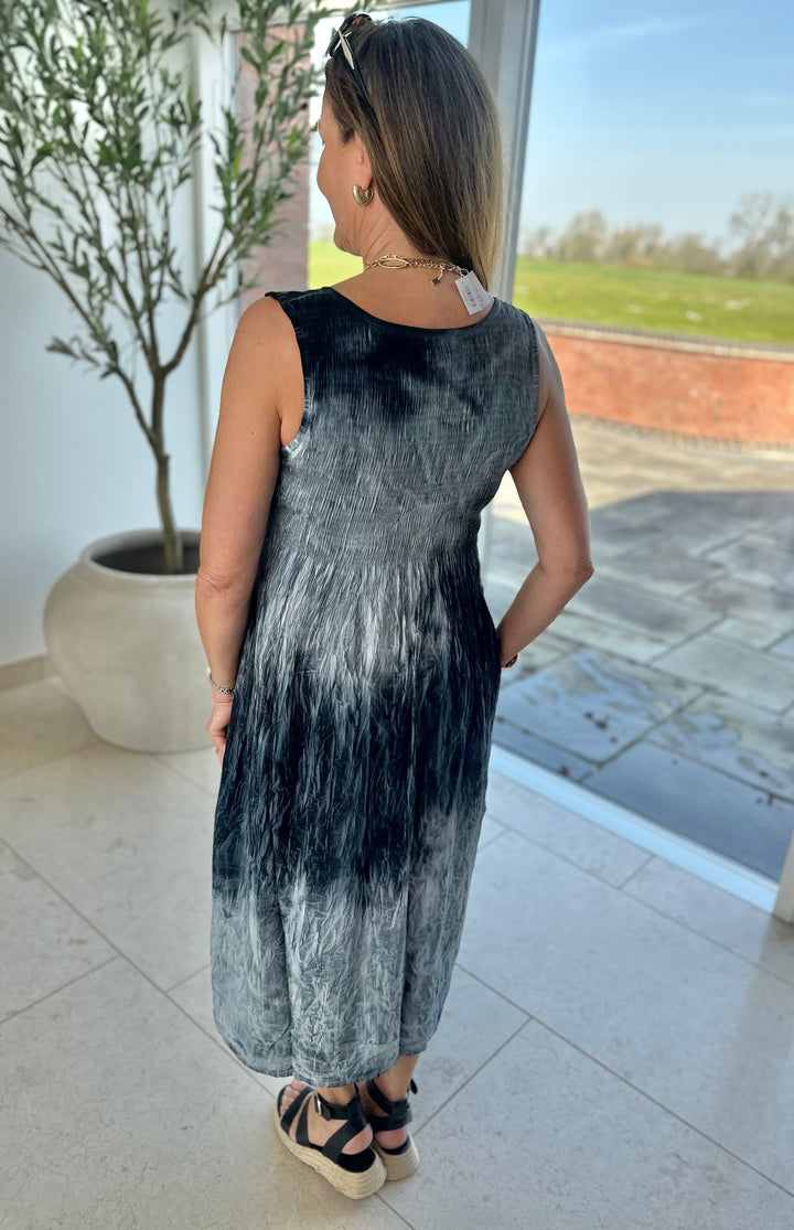 Black Tie Dye Shirred Summer Dress