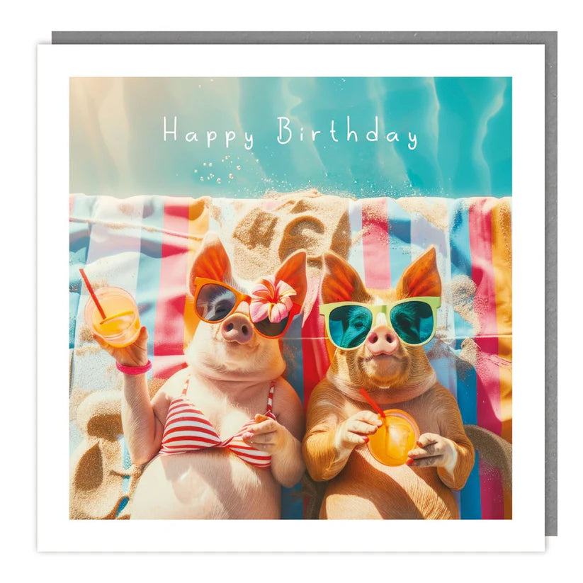 Sunbathing Pigs Happy Birthday Card