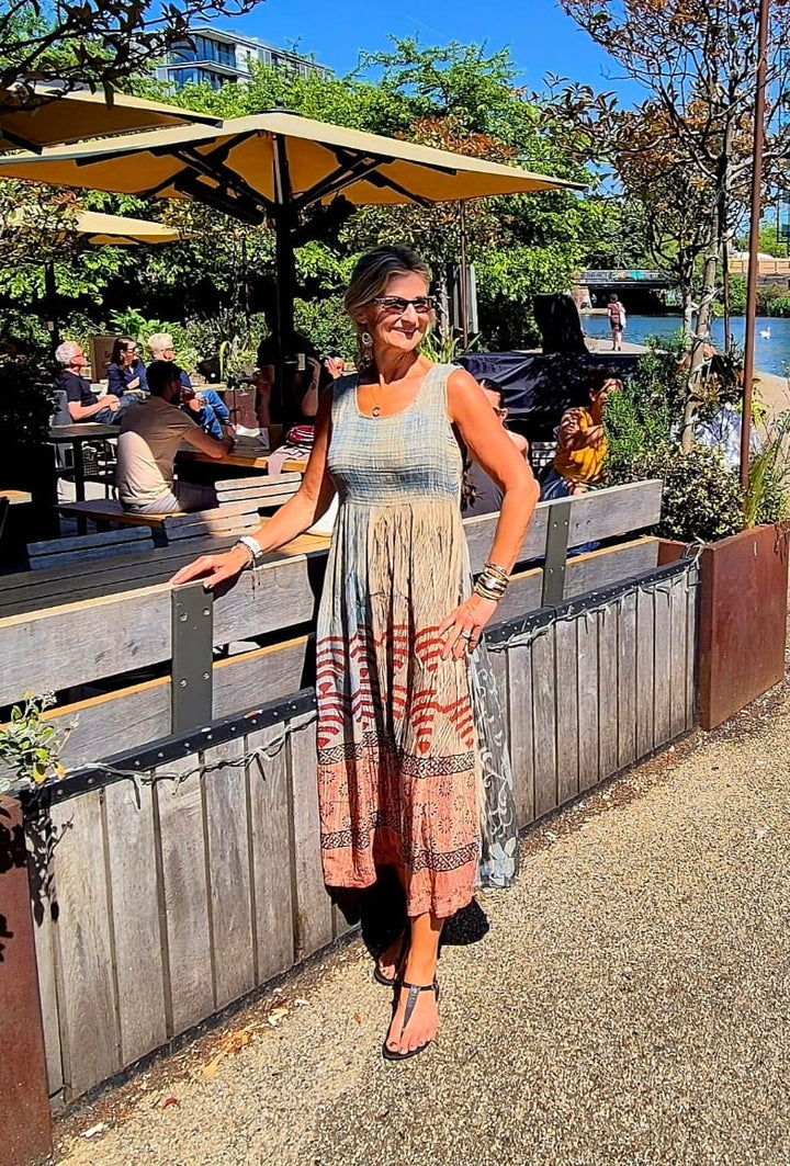 Taupe Boho Shirred Summer Dress