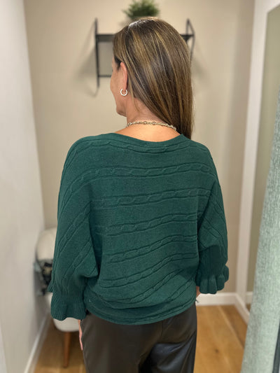 Green Cable Knit Frill Sleeve Jumper