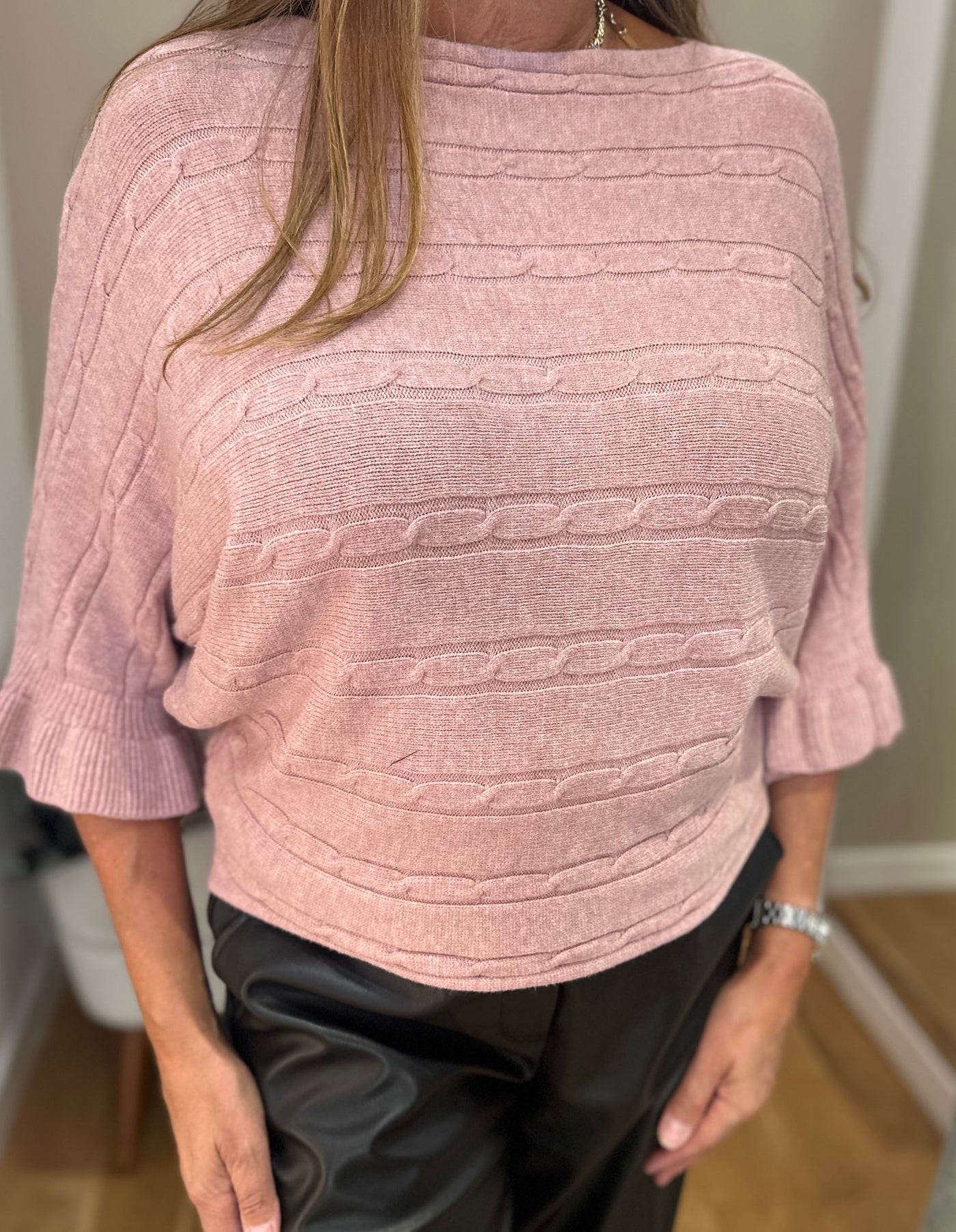 Pink Cable Knit Frill Sleeve Jumper