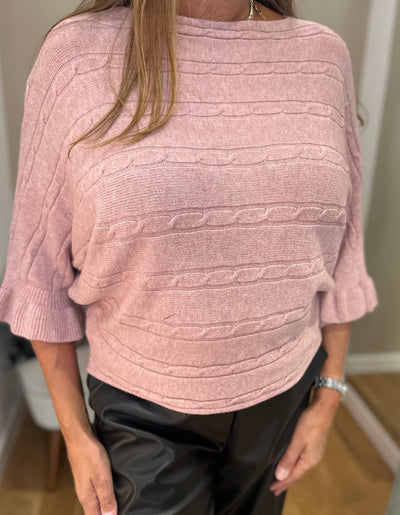 Pink Cable Knit Frill Sleeve Jumper