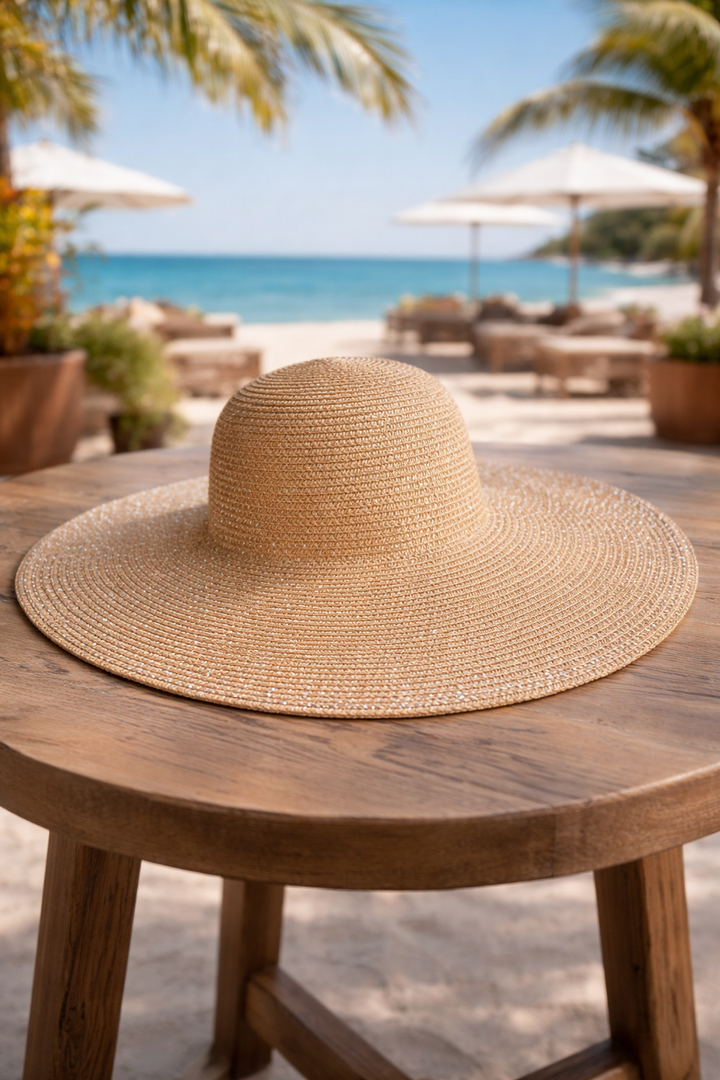 Natural Diamante Wide Brim Hat