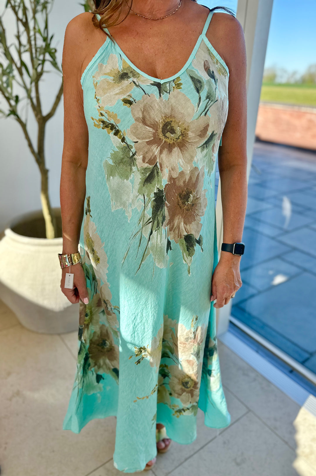 Turquoise Linen Flower Print Sun Dress