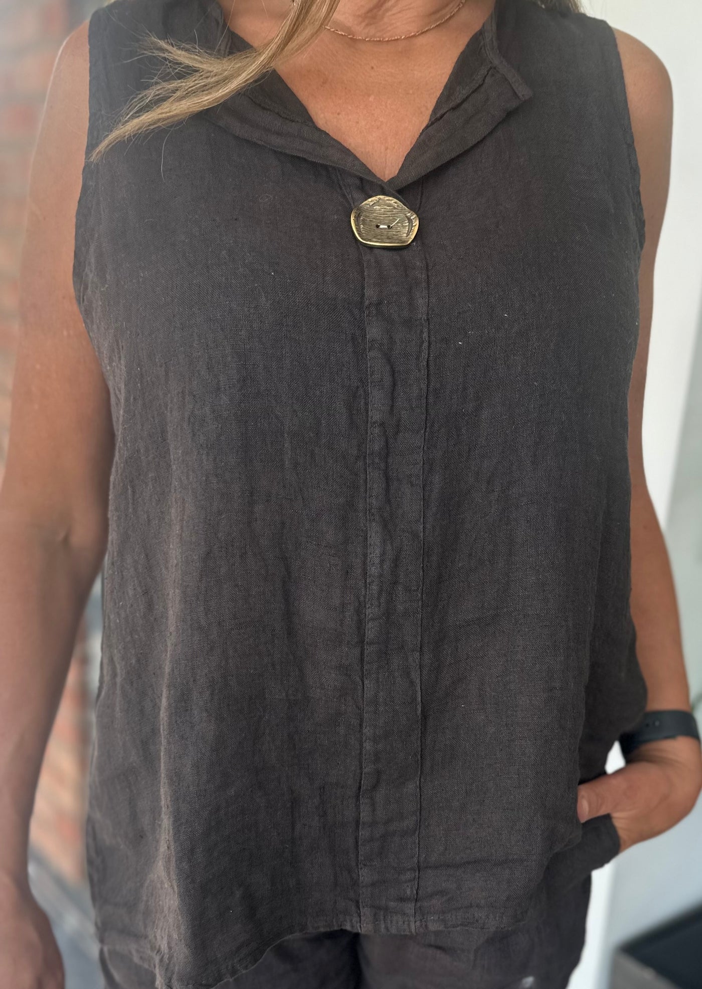 Chocolate Linen Button Top