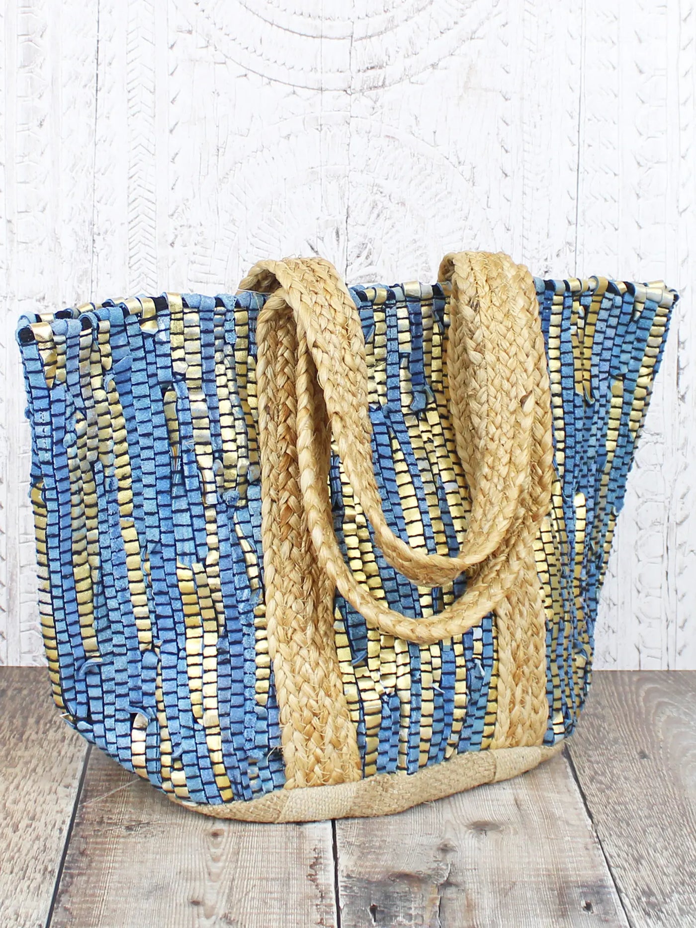 Blue & Gold Upcycled Leather Bag