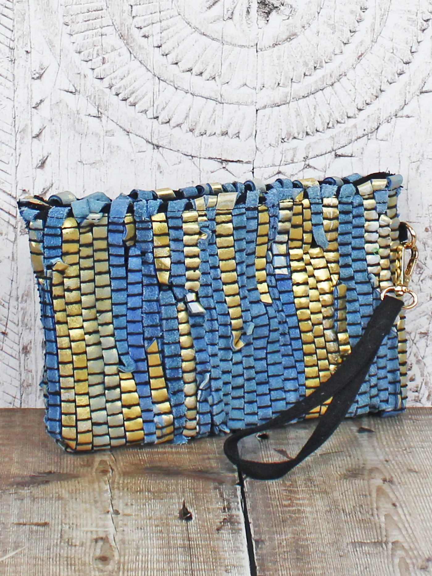 Blue & Gold Upcycled Leather Clutch