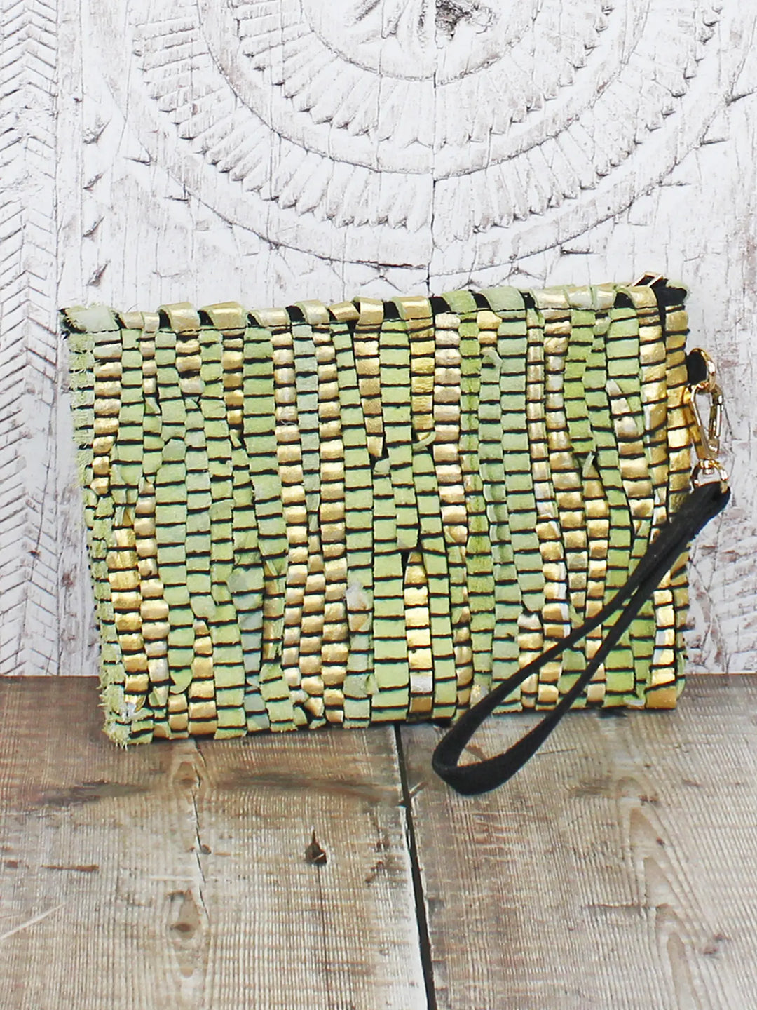 Green & Gold Upcycled Leather Clutch