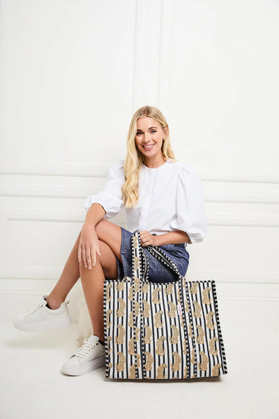 Monochrome Stripe Leopard Cotton Tote