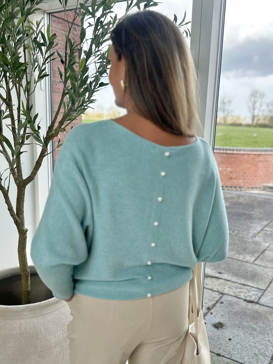 Blue Pearl Back Batwing Jumper