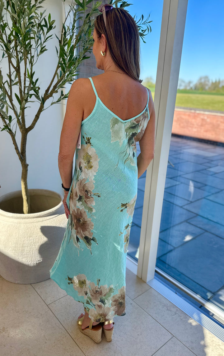 Turquoise Linen Flower Print Sun Dress