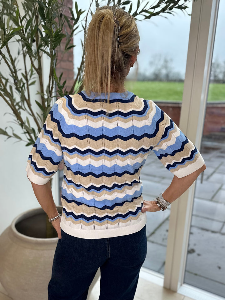 Byoung Blue Stripe Pointelle Round Neck