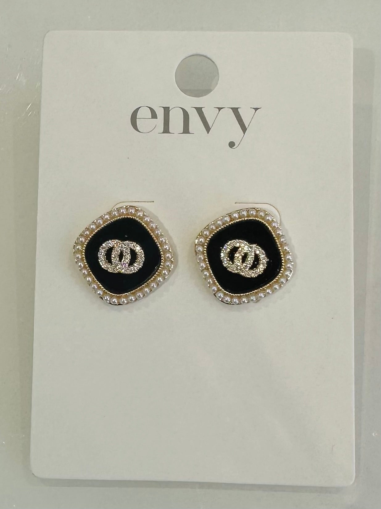 Gold, Black & Pearl Link Stud Earrings