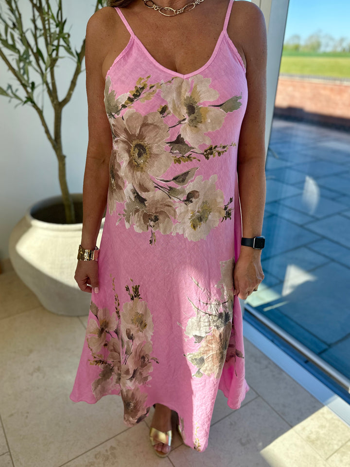 Pink Linen Flower Print Sun Dress