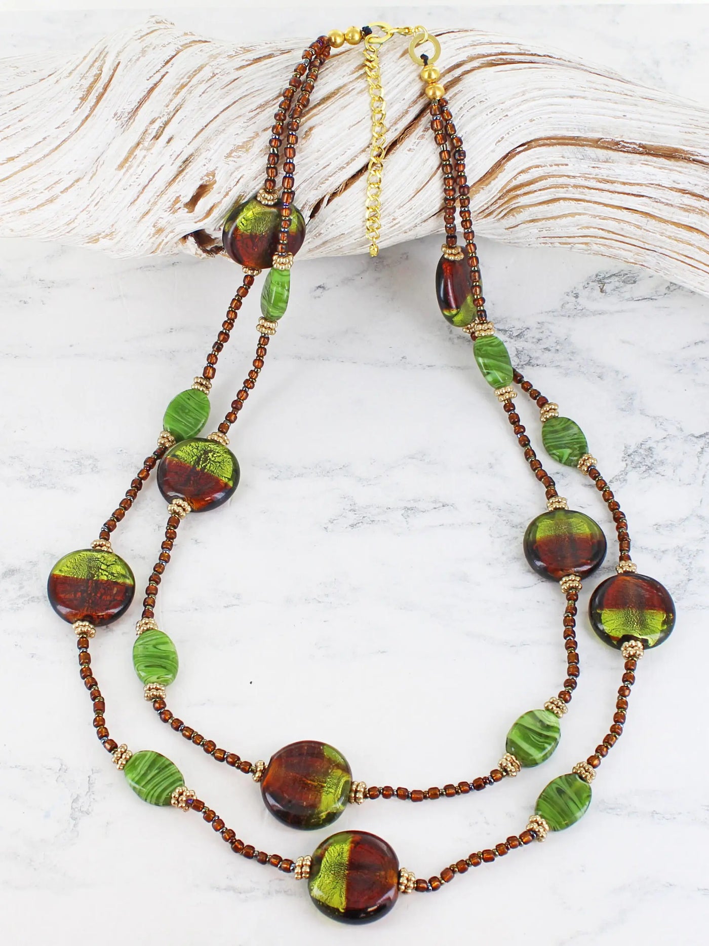 Green Glass Disc Double Strand Necklace