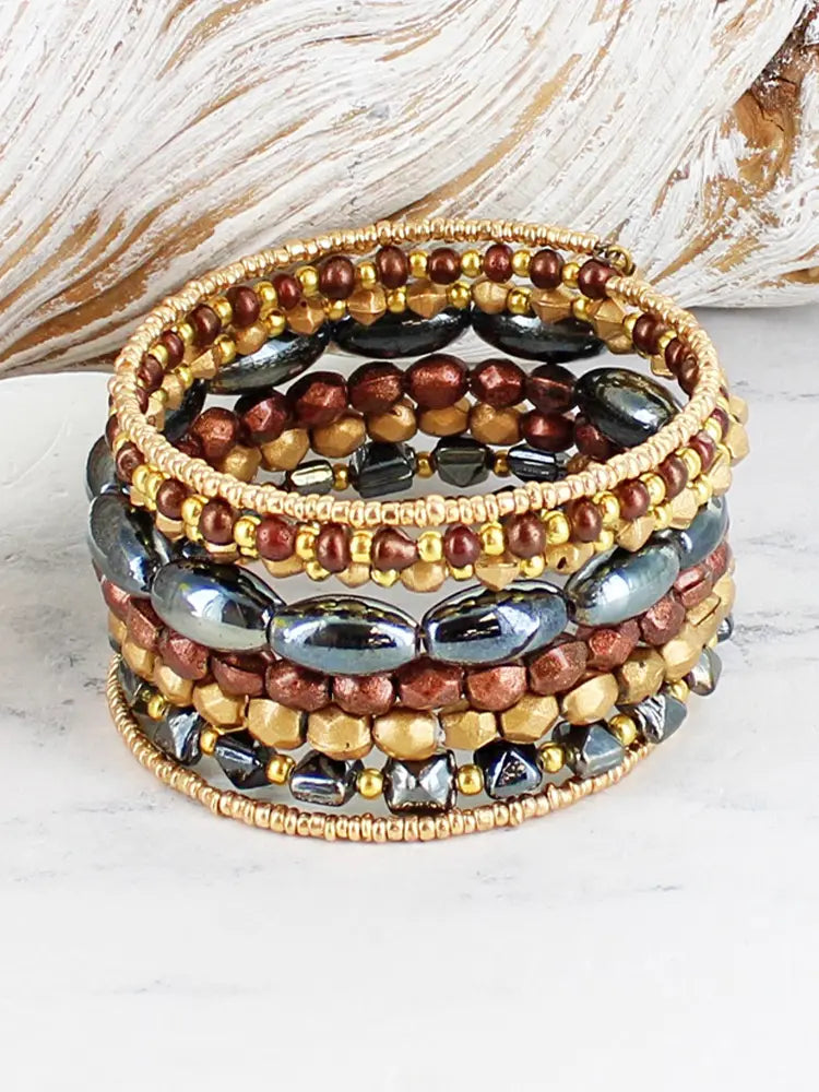 Brown Metallic Bead Spiral Bracelet