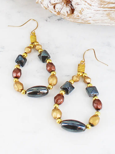 Brown Beaded Teardrop Earrings