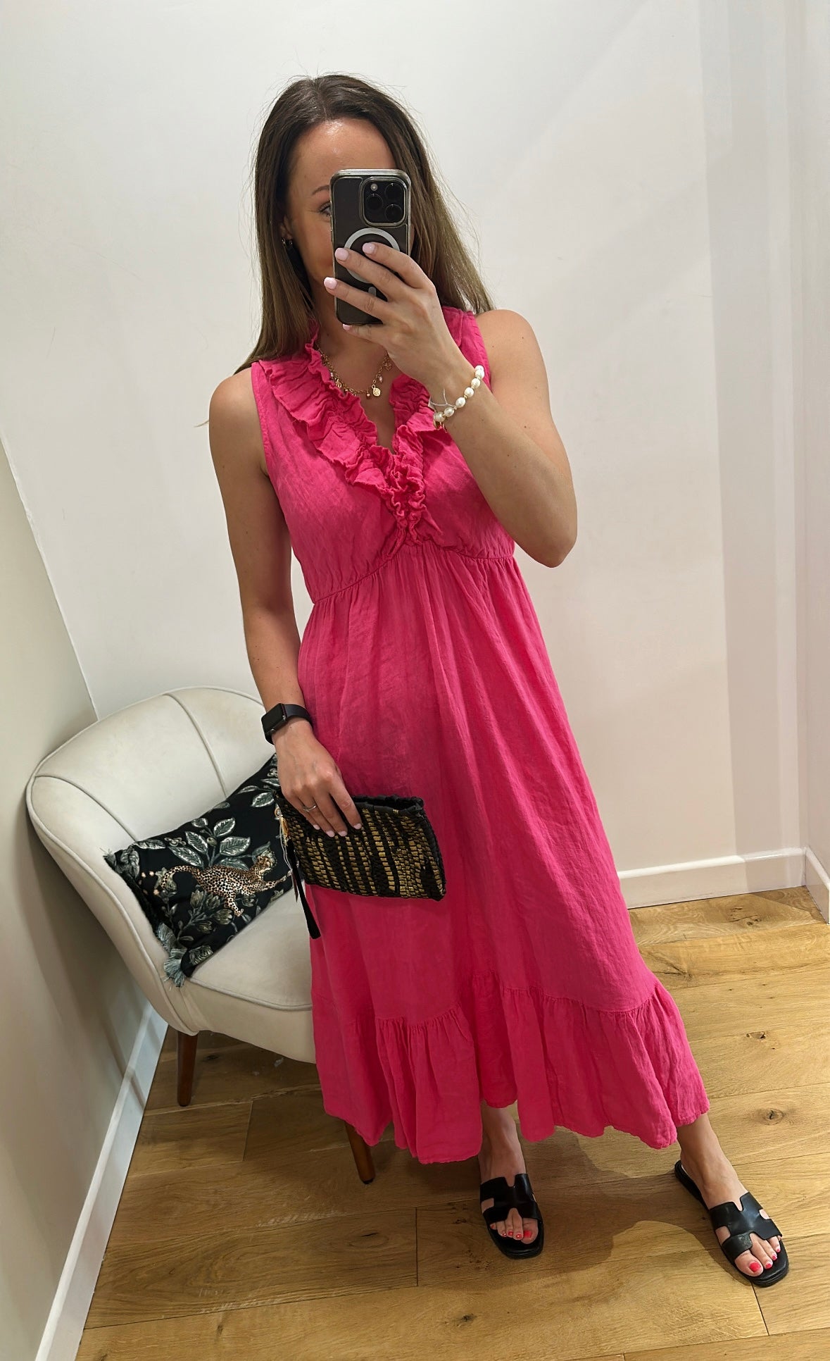 Fuchsia Pink Linen Ruffle Neck Dress