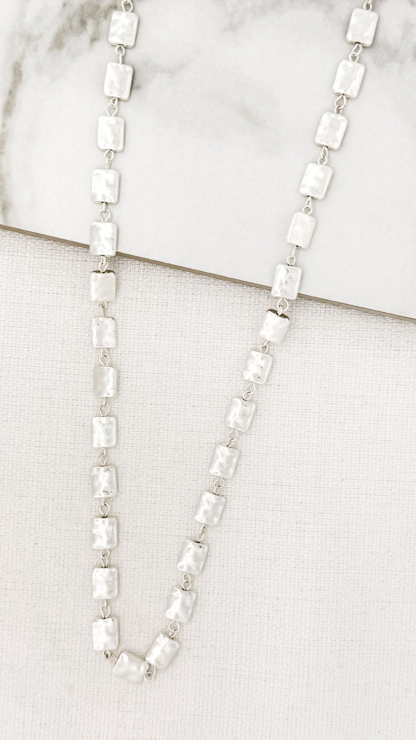 Silver Hammered Squares Long Necklace