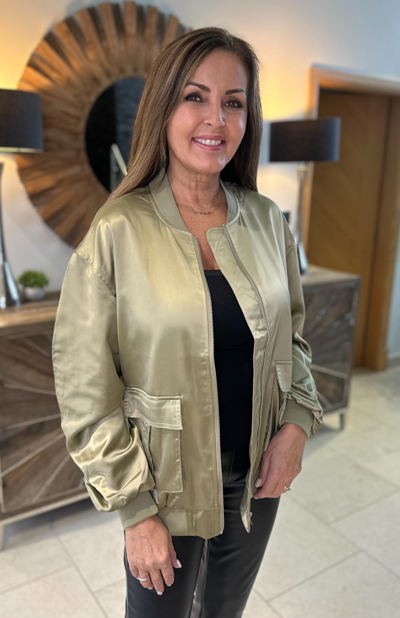 Khaki satin bomber jacket hotsell