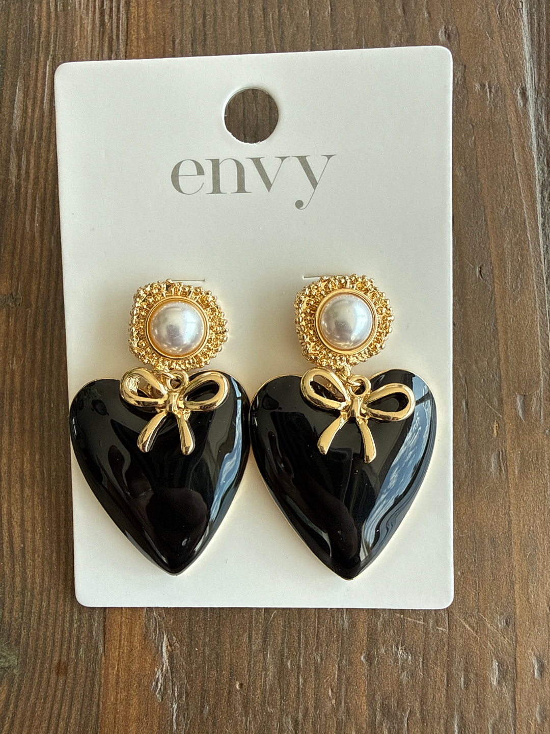 Large Black & Pearl Heart Stone Earrings