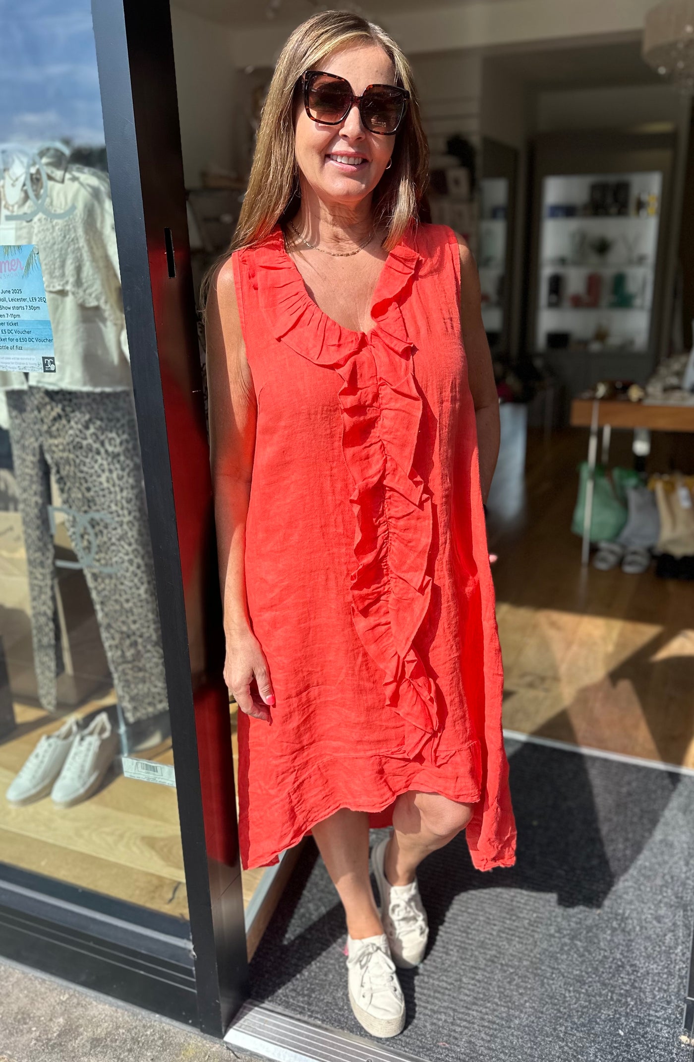 Coral Linen Ruffle Dress
