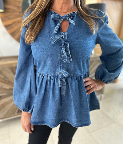 Denim Tie Front Chambray Blouse