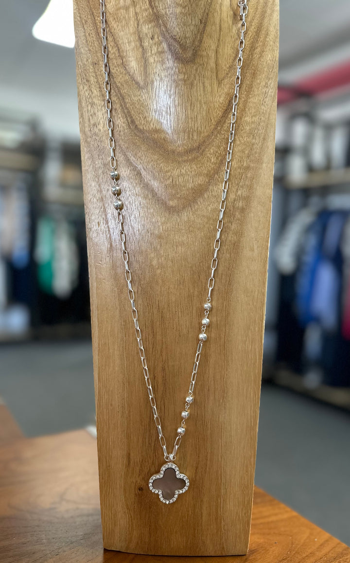 Silver Clover Pendant Long Necklace