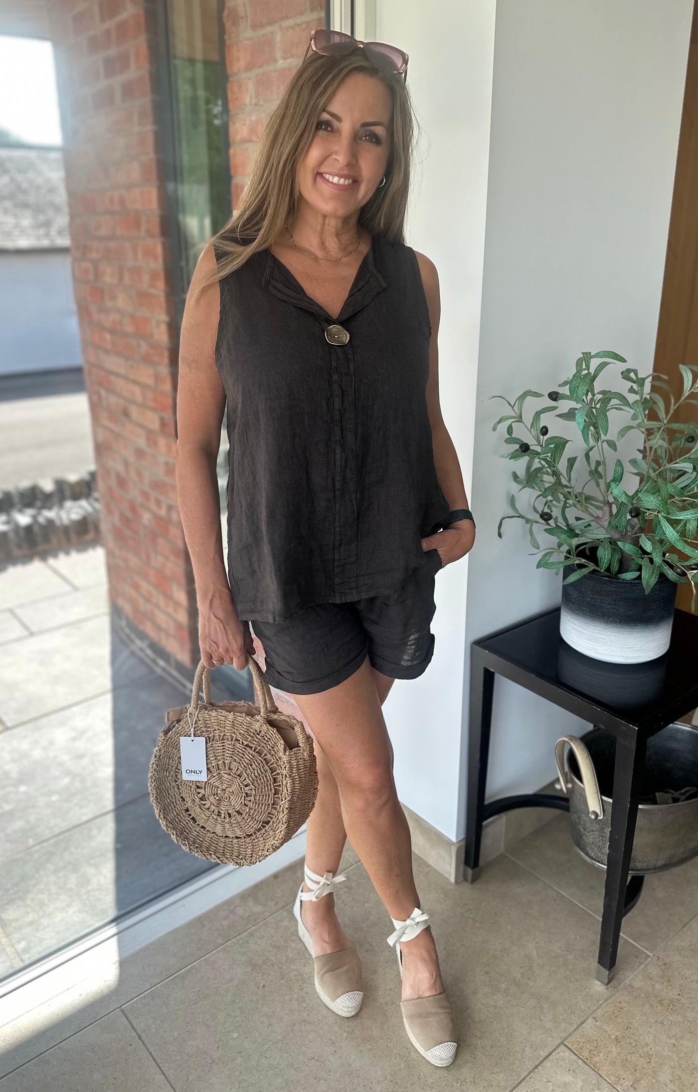 Chocolate Linen Button Top