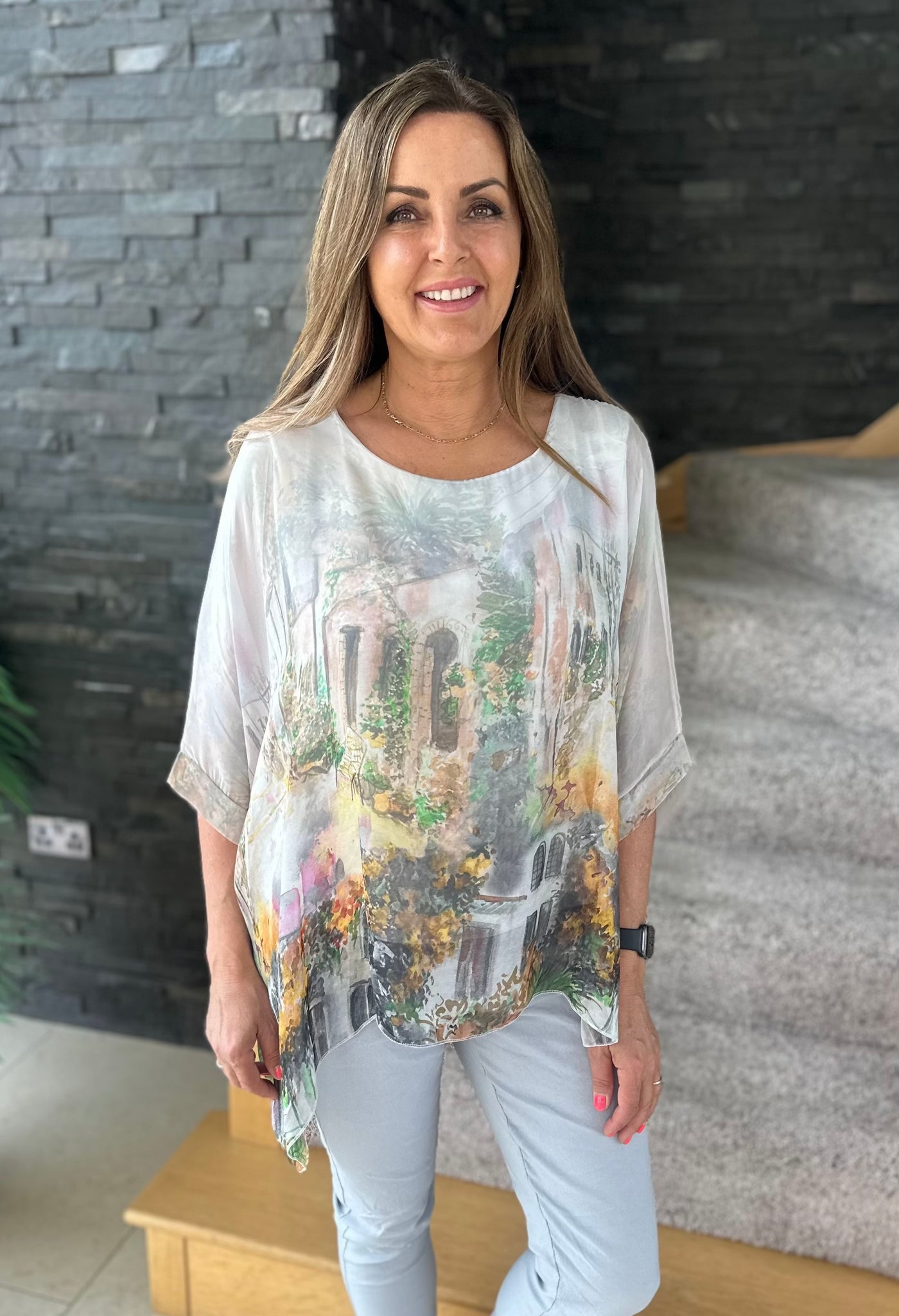 Grey Monet Print Silk Layer Top