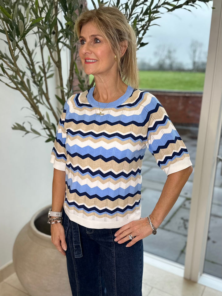 Byoung Blue Stripe Pointelle Round Neck