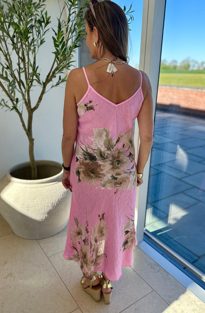 Pink Linen Flower Print Sun Dress