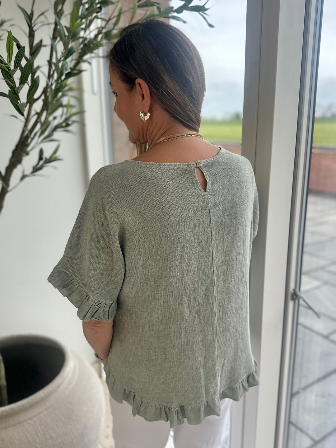 Khaki Waffle Frill Top