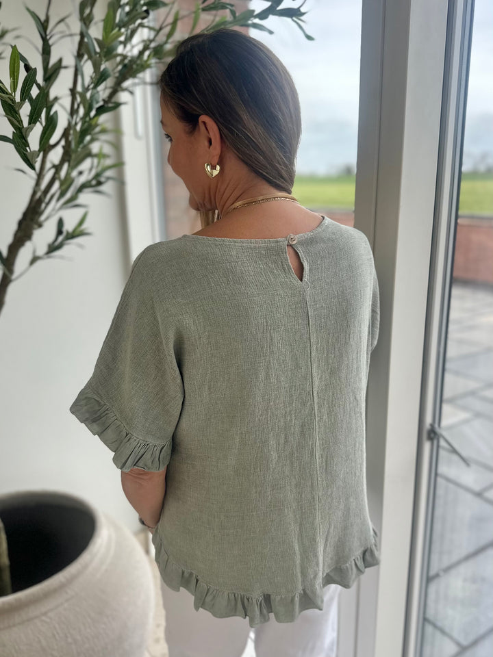Khaki Waffle Frill Top