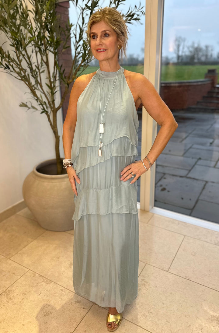 Aqua Silk Ruffle Maxi Dress