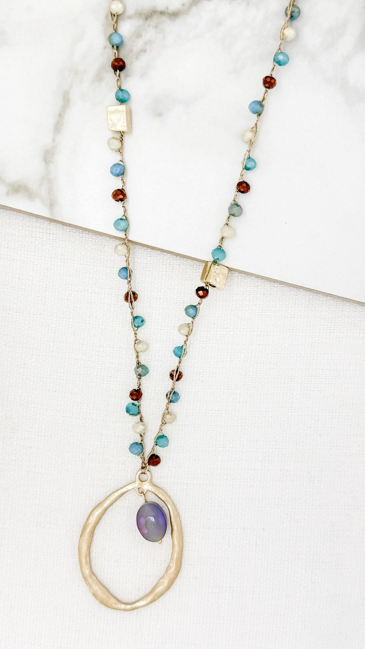 Blue & Bronze Beaded Long Necklace